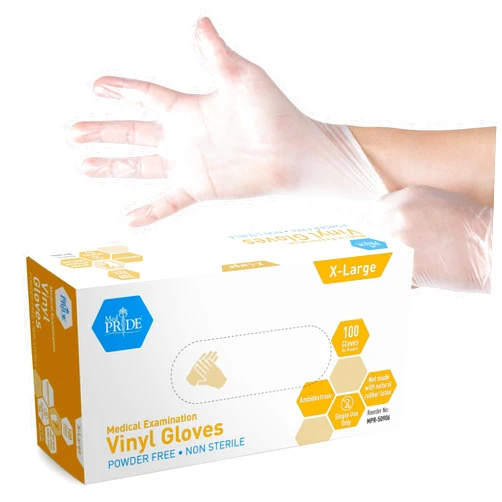 MED PRIDE Medical Vinyl Examination Gloves (X-Large, 100-Count) Latex & Rubber Free, Ultra-Strong, Clear Disposable Powder-Free Gloves for Healthcare & Food Handling Use