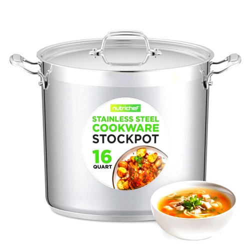 NutriChef 16-Quart Stainless Steel Stockpot - 18/8 Food Grade Heavy Duty Large Stock Pot for Stew, Simmering, Soup, Includes Lid, Dishwasher Safe, Works w/Induction, Ceramic & Halogen Cooktops