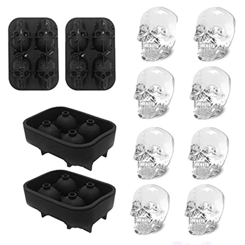 CHIYAN Ice Cube Tray 3D Skull Ice Mold-2Pack Easy Release Silicone mold 8 Cute and Funny Ice Skull for Whiskey Cocktails and Juice Beverages Black Ice Mold/S