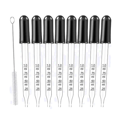 VOVOH Eye Dropper Set for Essential Oils,8Pcs Pipettes Dropper with Black Rubber Head, Calibrated Thick Glass Medicine Dropping Pipettes, 1ml Dropper Measurer, Dropper for Liquid, Straight-Tip