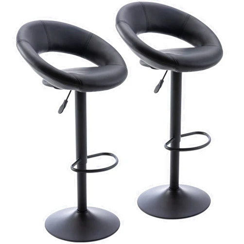 Vogue Furniture Direct Adjustable Bar Stools, Modern Cute PU Leather Swivel Barstools with Hollow Back, Airlift Counter Height Bar Chairs for Kitchen Dining Pub Cafe, Set of 2 (Black, Black Base)