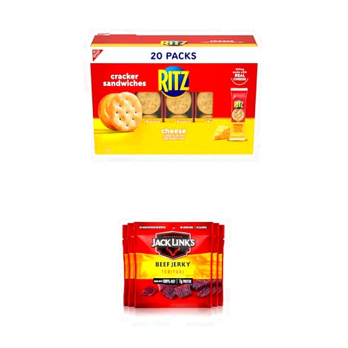 Ritz Jack Link's Beef Jerky, Teriyaki, 0.625oz Bags (Pack of 5) + RITZ Cheese Sandwich Crackers 20 Snack Packs, Snack Variety Pack