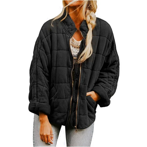 Smoneyful Womens Quilted Puffer Jackets Lightweight Dolman Sleeve Down Coats Zipper Padded Bomber Jackets Outwear with Pocket