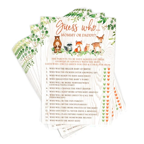 Printed Party Baby Shower Games – Guess Who Mommy or Daddy Game for Boy or Girl, Woodland Forest Animals Theme, 50 Cards