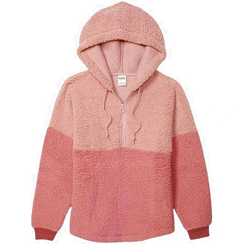 Victoria's Secret Pink Varsity Sherpa Half Zip Pullover Hoodie Color Rose/Pink Size Large New