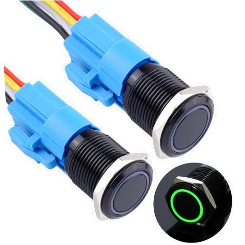 DMWD 2PCS 16MM Latching Metal Push Button Switch Ring Led 12V-24V Self Locking 1NO 1NC Waterproof ON/Off Black Shell Button with Pre-Wired Socket for 5/8’’ Mounting Hole(IP66,Green Light)