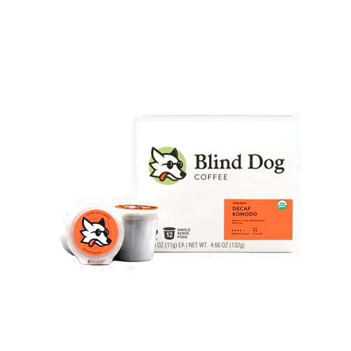 Blind Dog Coffee Roaster Blind Dog Coffee - 12 Decaf Coffee K cups - Decaffeinated Single Serving Coffee Pods - Medium Roast Coffee - Swiss Water Process Organic Caffeine free Coffee - Premium Quality