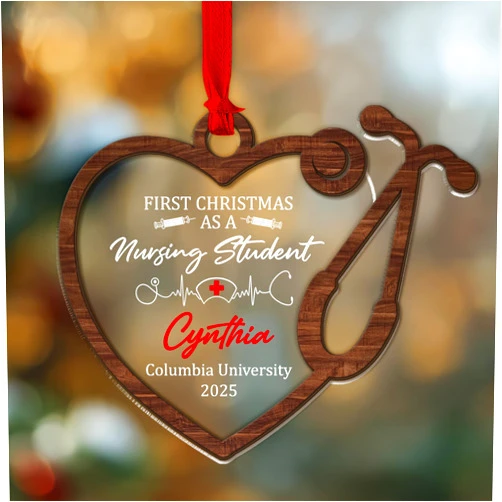 AlpadilAndCo Personalized First Christmas as a Nursing Student Wood Ornament 2025 – Custom Name University Heart & Stethoscope Shape – Wooden Medical Keepsake – Healthcare School Christmas Tree Decoration