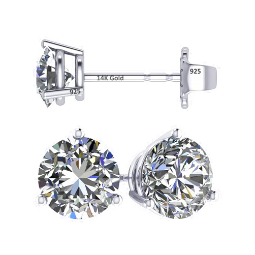 Central Diamond Center 14K Gold Post & Sterling Silver Pure Brilliance Zirconia 3 Prong Martini Style Stud Earrings 1.0ct to 4ct