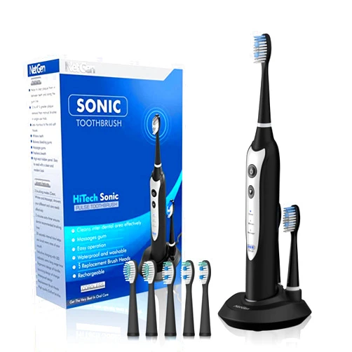 NetGen Sonic Toothbrush, Electronic Toothbrush with 3 Brushing Modes and Built-in Timer, Power Toothbrush with 5 Replacement Heads, Travel Toothbrush with Efficient Inductive Charging, Black