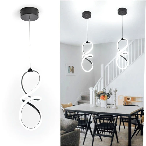 MAYNA Spiral Led Pendant Light Fixture,Modern Led Chandelier, 6000K Adjustable Height Hanging Light Fixture for Kitchen Living Room Bedroom Cafe Table, 1 Pack (Black)