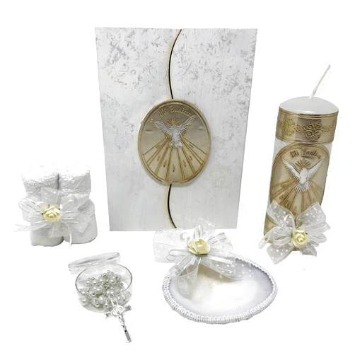 Arcángeles Mexicanos Catholic Baptism Candle Set in a Wooden Box with Towel, Candle, Rosary and Shell for Baby Boys and Girls. Handmade in Mexico Gift for Godparents. Holy Spirit Baptism Kit Kit de Bautizo.