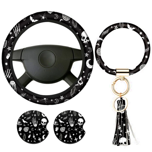 Frienda 4 Pieces Black Moons White Stars Print Car Accessories Set Black Moons White Stars Steering Wheel Cover with 2 Pieces Car Cup Holder and Leather Keyring for Truck Suv(Horror Pattern)