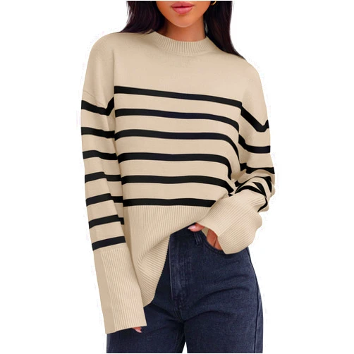 ZESICA Women's Fall Winter Striped Long Sleeve Crew Neck Ribbed Knit Side Slit Oversized Pullover Sweater Jumper Top