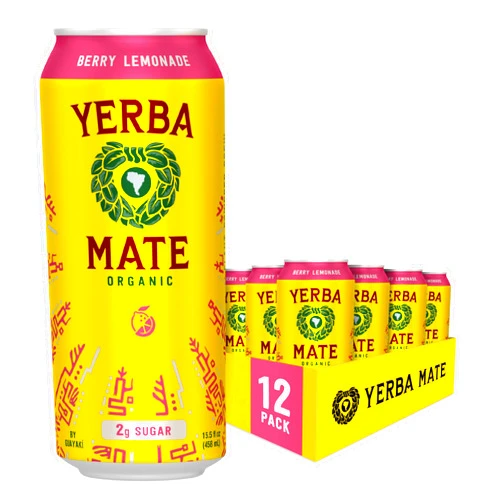 Guayaki Guayakí Yerba Mate, Organic Energy Drink Alternative, Berry Lemonade, Low Sugar, 150mg Natural Caffeine, Better for You Energy & Focus, No Jitters or Crash, 15.5 Oz (Pack of 12) (Packaging May Vary)