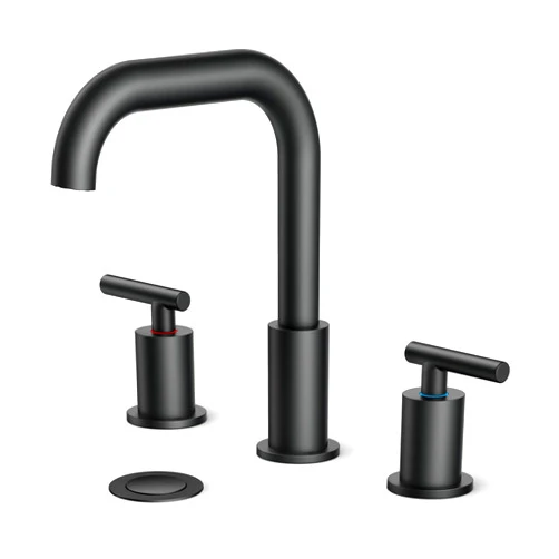FORIOUS Black Bathroom Faucet 3 Hole Widespread 8 Inch, 2 Handles 360° Swivel Bathroom Sink Faucet with Pop Up Drain and Hoses, for Vanity Restroom RV Lavatory Sink, Matte Finish