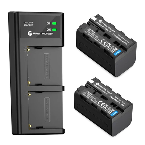 FirstPower NP-F750 Battery (2-Pack/5600mAh) and Dual USB Charger for Sony NP-F550 F570 F750 F770 F960 F970 Battery Sony CCD-TRV215 CCD-TR917 CCD-TR315 HDR-FX1000 HDR-FX7 HVR-V1U HVR-Z7U HVR-Z5U
