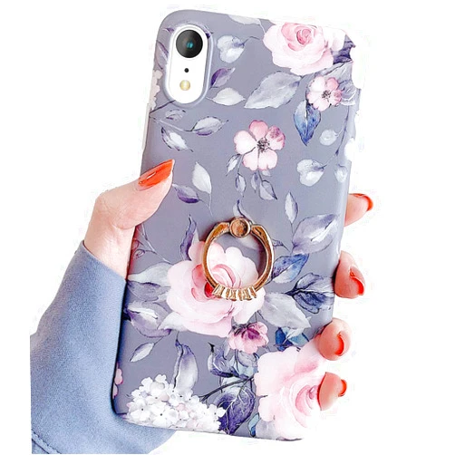 Qokey Compatible with iPhone XR Case,Flower Cute Fashion Case for Men Women Girls with 360 Degree Rotating Ring Kickstand Soft TPU Shockproof Cover Designed for iPhone XR 6.1
