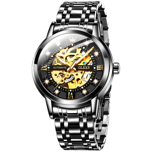 OLEVS Mens Automatic Watch Skeleton Diamond Luxury Mechanical Self Winding Dress Wrist Watch Waterproof Luminous