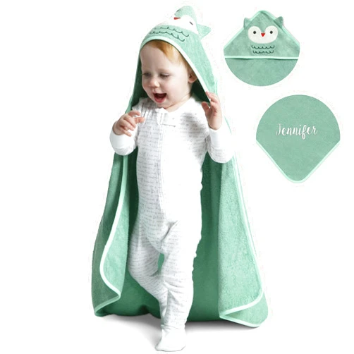 Delta Children Personalized Baby/Infant Hooded Bath Towel - Super Soft and Absorbent- Newborn Essential - Ideal Baby Registry/Shower Gift for Boys and Girls, Light Teal Owl