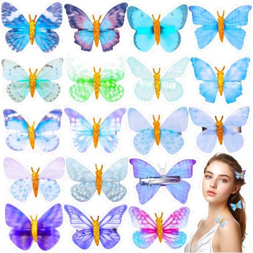 VGOODALL 18PCS Butterfly Hair Clips, Glitter Butterfly Hair Accessories Small Realistic Hair Clips for Women Girls DIY Crafts Home Decor Blue