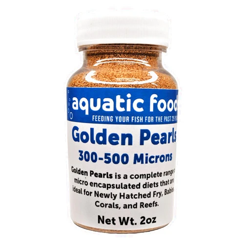 Aquatic Foods Inc. Golden Pearls 300-500 Micron Size for Fry, uveniles of Shrimp, Axolotls, Discus, Cichlids, Catfish, Tetras, Angel Fish, Guppies, Bettas, Goldfish, Corals, Reefs…2oz Bottle