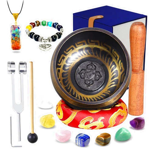 TATOODAA Singing Bowl, Tibetan Singing Bowl Set for Meditation Sound, 7 Crystal Stones and Tuning Forks, Chakra Bracelet with Chakra Necklace for Meditation And Yoga, Spiritual Healing, Mindfulness