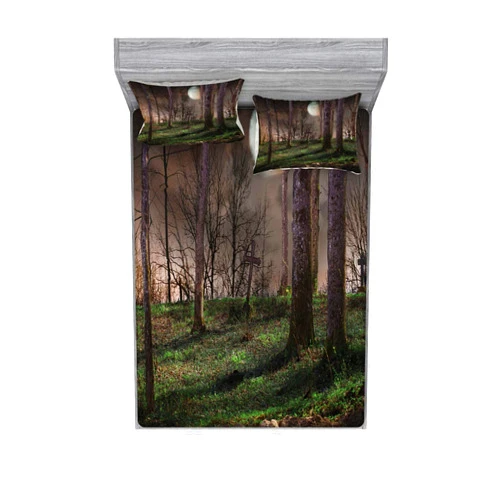 Lunarable Gothic Fitted Sheet & Pillow Sham Set, Dark Night in The Forest with Full Moon Horror Theme Grunge Style Halloween, Decorative Printed 3 Piece Bedding Decor Set, Queen, Yellow Brown