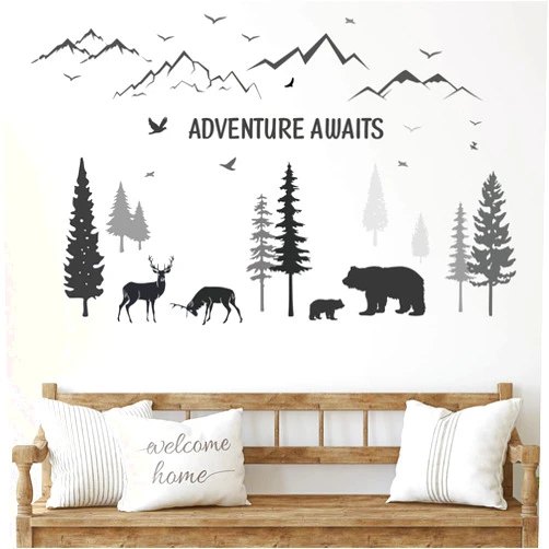 Tenare 3 Sheets Nursery Wall Decals Dreamy Forest with Pine Tree Animal Deer and Mountain Decals Inspirational Quote Wall Stickers DIY Wall Decals for Kids' Room Living Room Bedroom (Simple Style)