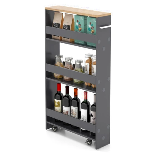 Giantex Kitchen Slim Storage Cart - 4 Tier Rolling Side Storage Cabinet w/Handle, Space Saving, Kitchen Utility Cart Tower Rack for Kitchen Laundry Narrow Places, Grey & Natural