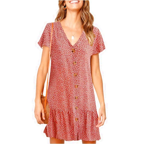 Imysty Womens Polka Dot V Neck Button Down Ruffles Loose Mini Short T-Shirt Dress