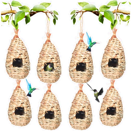 Tuanse 8 Pack 9.45 x 4.33 Inch Hummingbird Nest Houses for Outside Hanging, Hand Woven Humming Bird Nesting Outdoor Small Grass Natural Fiber Bird Hut Roosting Pocket for Finch Canary Chickadee, Garden Gifts