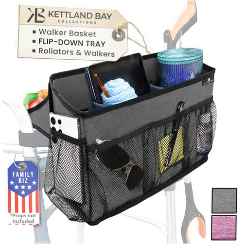 KETTLAND BAY Walker Basket for Folding Walker +Flip-Down Walker Tray +Reacher/ Cane Holder Strap + Cup Holder | Basket for Walker Bags for Folding Walker with Wheels, Walker Accessories for Walker Rollator - GRAY