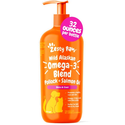 Zesty Paws Wild Alaskan Omega-3 Blend Pollock + Salmon Oil for Dogs and Cats- Skin and Coat Support, Omega 3 Supplement for Pets, 32oz