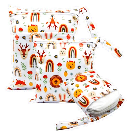 Asenappy 3pcs Cloth Diaper Wet Dry Bags Waterproof Reusable with Two Zippered Pockets Travel Beach Pool Daycare Soiled Baby Items Yoga Gym Bag for Swimsuits or Wet Clothes (rainbow fox)