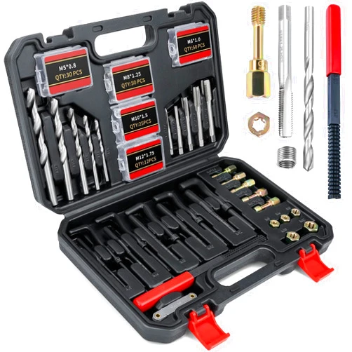 AKM Metric Thread Chaser &Thread Repair Kit,200 Pcs HSS Drill Helicoil Repair Kit,M5 M6 M8 M10 M12 Thread Cleaner Rethreading Bolt Restorer File Nut Rethreader Automotive Wheel Stud Metric
