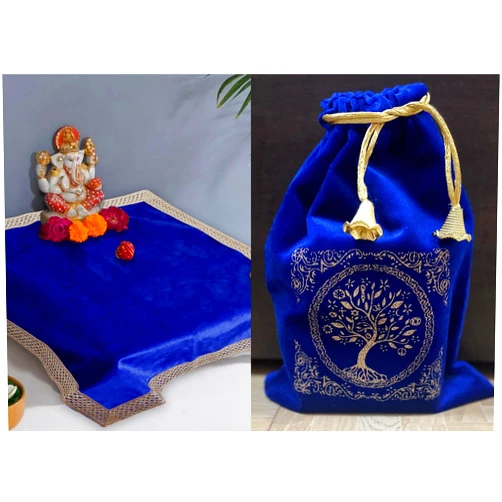 Indian Consigners Multipurpose Table Cloth Altar Blue Altar Cloth Soft Velvet Pouch
