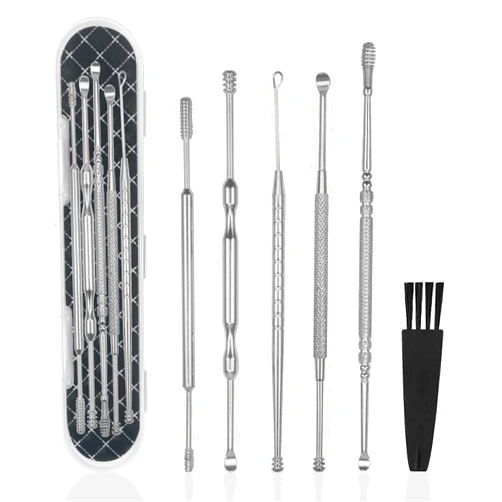 Hion 6 Pcs Ear Wax Removal Kit,Professional Double-Headed Ear Pick Earwax Removal Tools,316L Stainless Steel Ear Cleaner Curette with Cleaning Brush and Storage Box,Suit for Kid Adult(Silver)