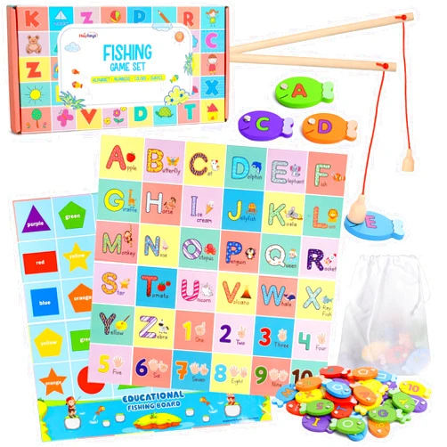 Haktoys Magnetic Wooden Fishing Game – Interactive ABC Alphabet, Numbers, Shapes & Colors 4-in-1 Learning Board | Montessori Educational Toy for Kids | Complete Set with 36 Fish, 2 Wooden Poles & Board