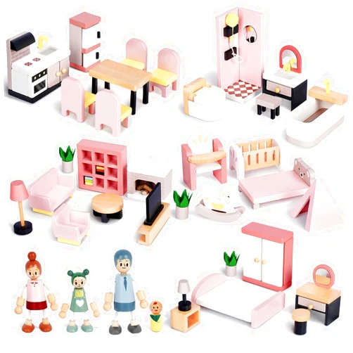Sanlebi Wooden Dollhouse Furniture Set with 4 Family Dolls, 36 Pcs Sanlebi Doll House Accessories and Furniture, Miniature Furniture Including 5 Room Kits, Pretend Play Toy Gift for Boys Girls Toddler 3+
