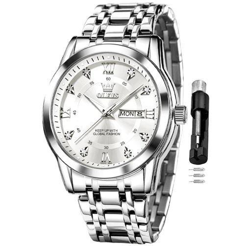 OLEVS Watch for Men Classic Business Dress Analog Quartz Stainless Steel Waterproof Luminous Date Diamond Men Silver Watch