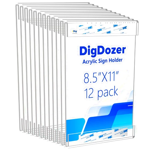 DigDozer 12 Pcs Acrylic Sign Holder 8.5 x 11, Vertical Wall Mount Sign Holders with Adhesive, Clear Plastic Frames Paper Display Sign Holders for Office, Home, Store, Restaurant - No Drilling