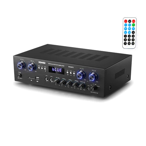 Donner Bluetooth 5.0 Stereo Audio Amplifier Receiver, 4 Channel 1000W Max Power Home Theater Stereo Receiver with USB, SD, FM, 2 Mic in Echo, RCA, LED, Speaker Selector for Studio, Home - MAMP5