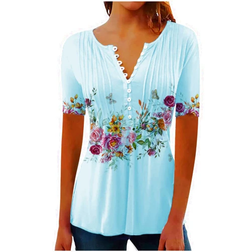 Ceboyel Women Short Sleeve Summer Tops 2023 Floral T Shirts Button V Neck Causal Blouses Trendy Dressy Ladies Fashion Clothes