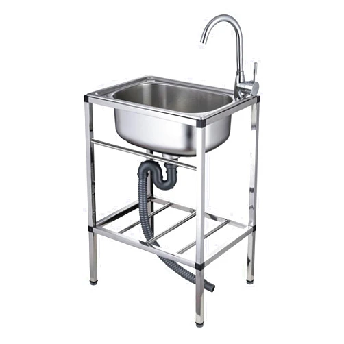 XUNFAKE Free Standing Stainless-Steel Single Bowl Kitchen Sink Set w/Faucet,Prep & Utility Washing Hand Basin w/Storage Shelve, laundry tub for Indoor Outdoor (Single cold water tap)