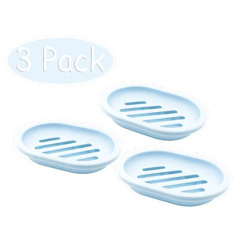 Amoet 3-Pack Soap Dish with Drain - Soap Holder,Soap Bar Holder with Drainage Design,Double-Layer Soap Saver Soap Saver for Bathroom and Kitchen Sinks (Light Blue)