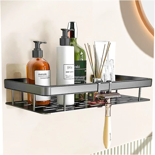 Wellnice Shower Caddy Shelf Organizer Rack, Self Adhesive Bathroom Storage, Rustproof Stainless Steel Bathroom Organizer with 2 Hooks for Bathroom Storage&Home Decor&Kitchen (Black Squre)