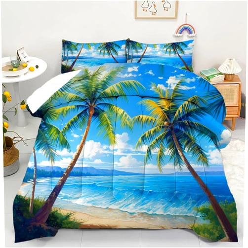 AyPoint Ocean Beach Comforter Set Queen Size, Hawaiian Summer Beach Palm Trees Bedding Set for Adult Kids, Soft Microfiber Blue Seawater Wave Home Decor, 3 Pieces - 1 Comforter + 2 Pillowcases