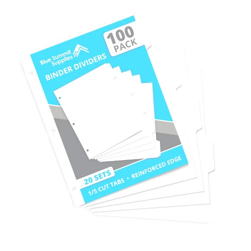 Blue Summit Supplies Blue Summit 3 Ring Binder Dividers with Tabs, Reinforced Edge, 1/5 Cut, Letter Size, 5 Tab Dividers for 3 Ring Binder Bulk, White, 20 Sets, 100 Pack