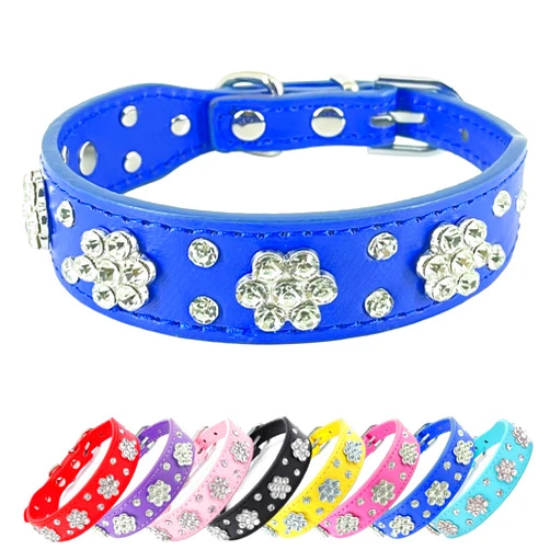 UVONOKAY Rhinestone Flower Dog Collar - Sparkling Leather Pet Collar - for Small and Medium Dogs (Dark Blue S)